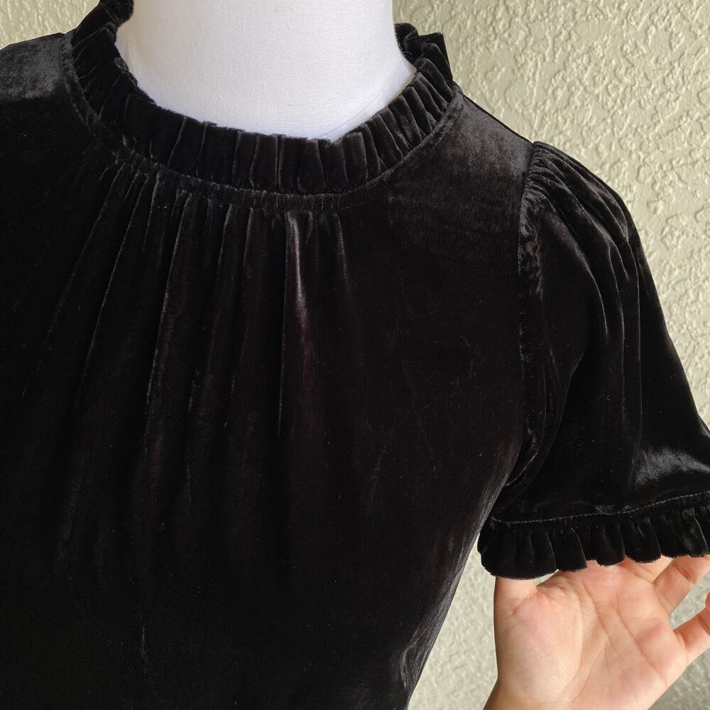 Talbots Velvet High Neck Blouse Puff Sleeve Mock Neck Frilly Trim Black Petite - Picture 5 of 8